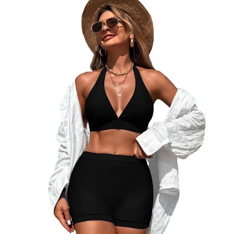 Women's black bikini swimsuit with split design for swimming and hot spring use