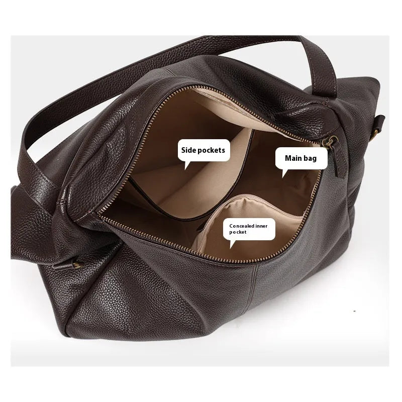 Brown genuine leather women's commuter shoulder bag with horizontal square shape showing interior zipper change pocket