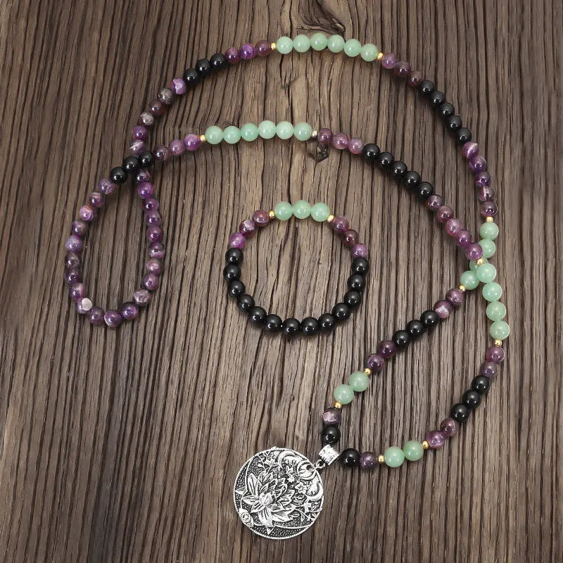 Dongling Long yoga necklace and bracelet set with stone beads and lotus pendant