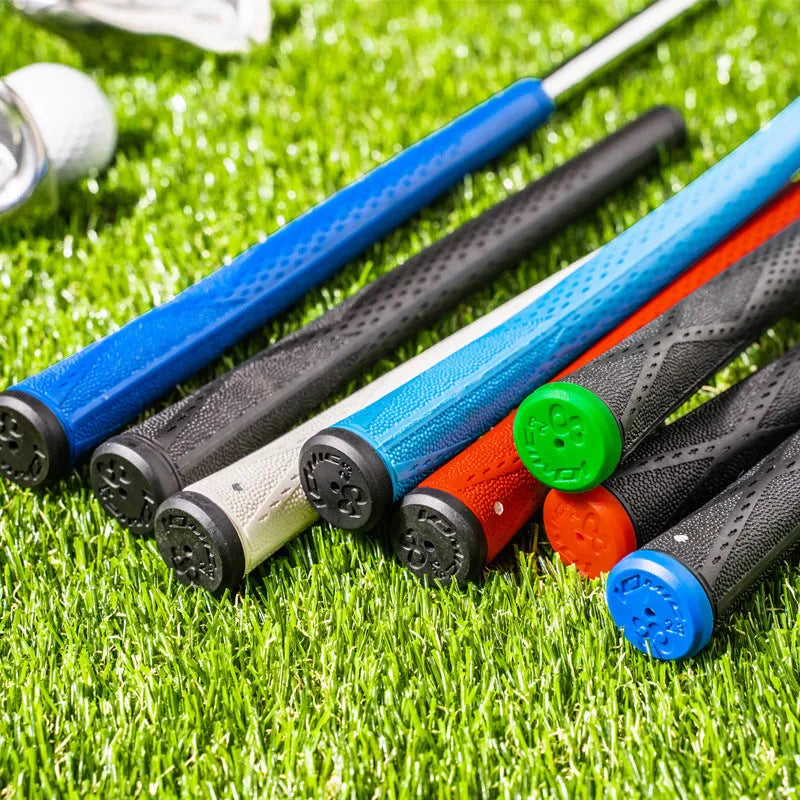 TPE material golf club grip shown in various colours including pink, red, blue, and black combinations.