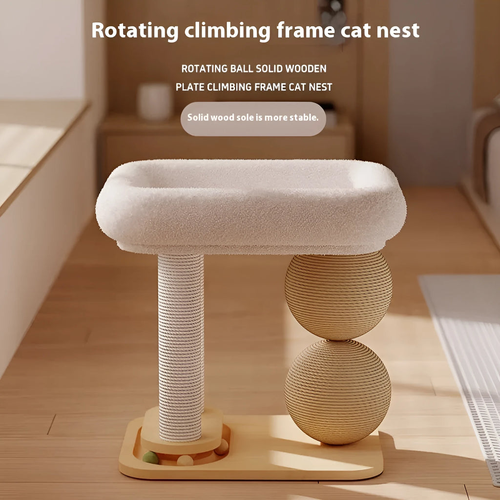 Pine wood cat scratching ball bed showing rounded design with textured scratching surface