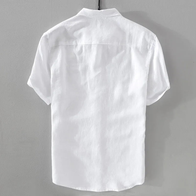 Men's loose fit short sleeve linen shirt in cotton linen blend fabric showing colour options