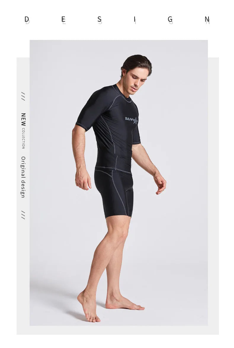 Men's navy blue quick-drying half sleeve wetsuit suit for swimming and snorkelling.