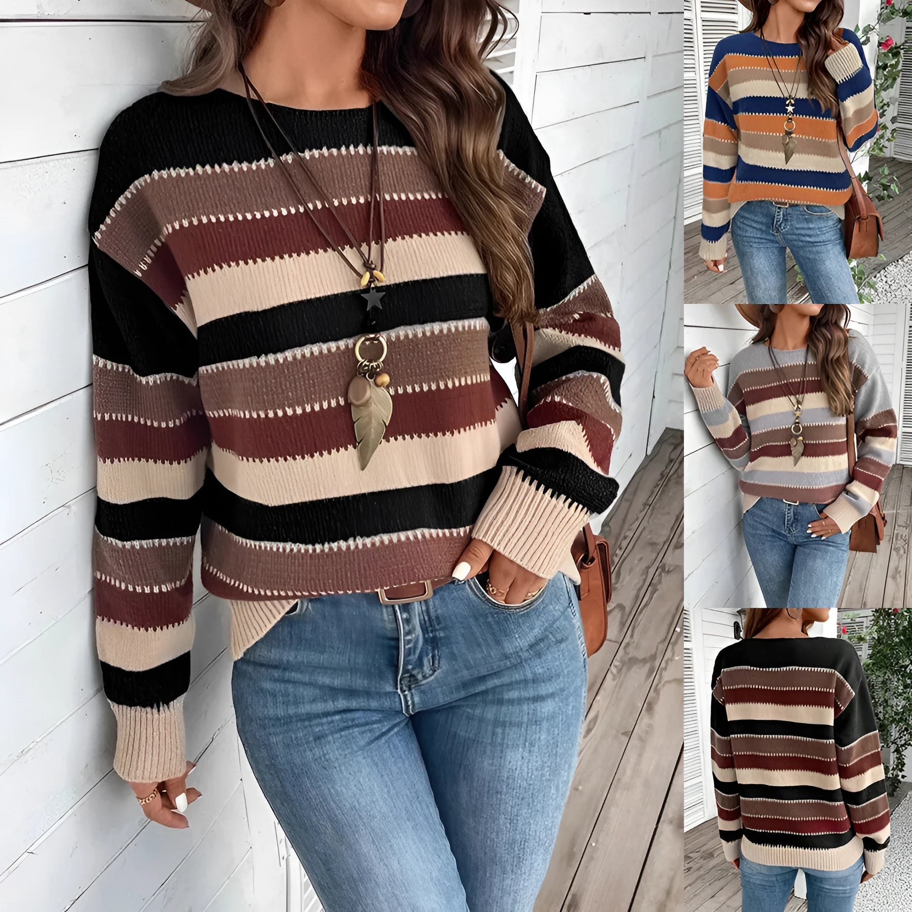 Women's colourblock striped long sleeve polyester pullover sweater in black, blue, and grey.