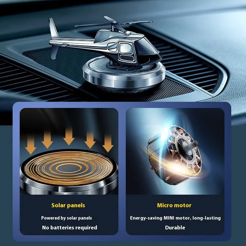 Metal solar helicopter car air freshener with rotating blades in silver, black, or blue colours