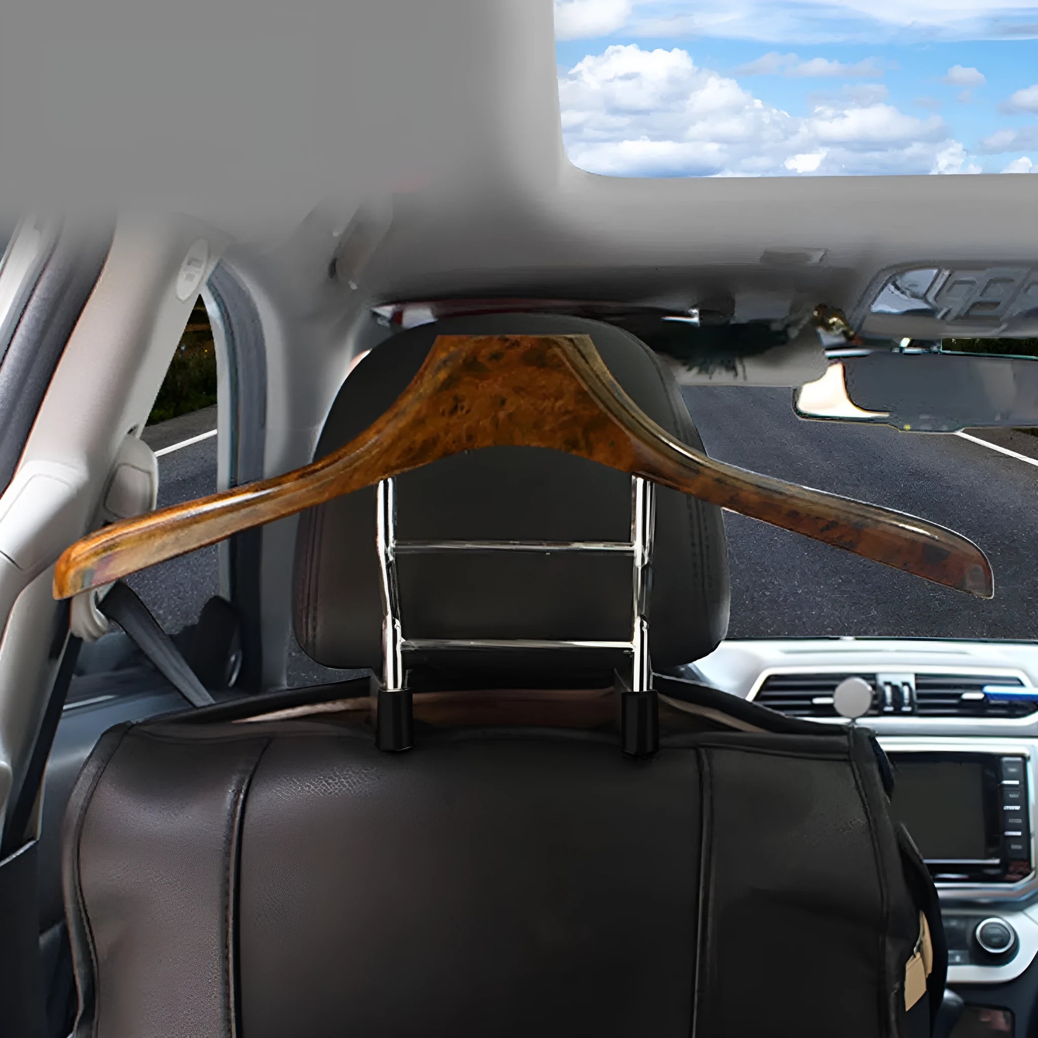 Wood yellow stainless steel car clothes hanger with detachable hook on white background.