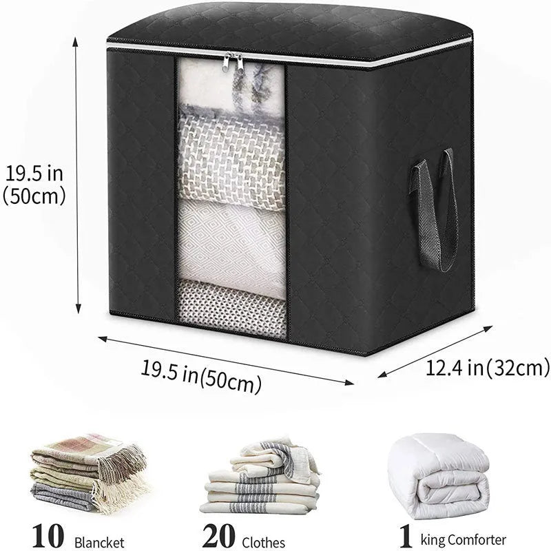 Beige non-woven fabric storage bag with zippered seal and carry handles for quilt and clothing organisation.