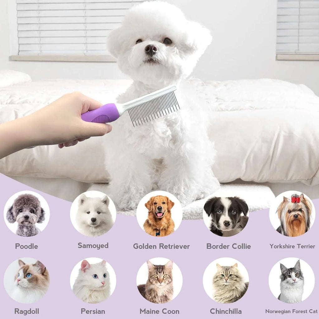 Purple pet grooming comb with stainless steel long and short teeth on an ergonomic handle.