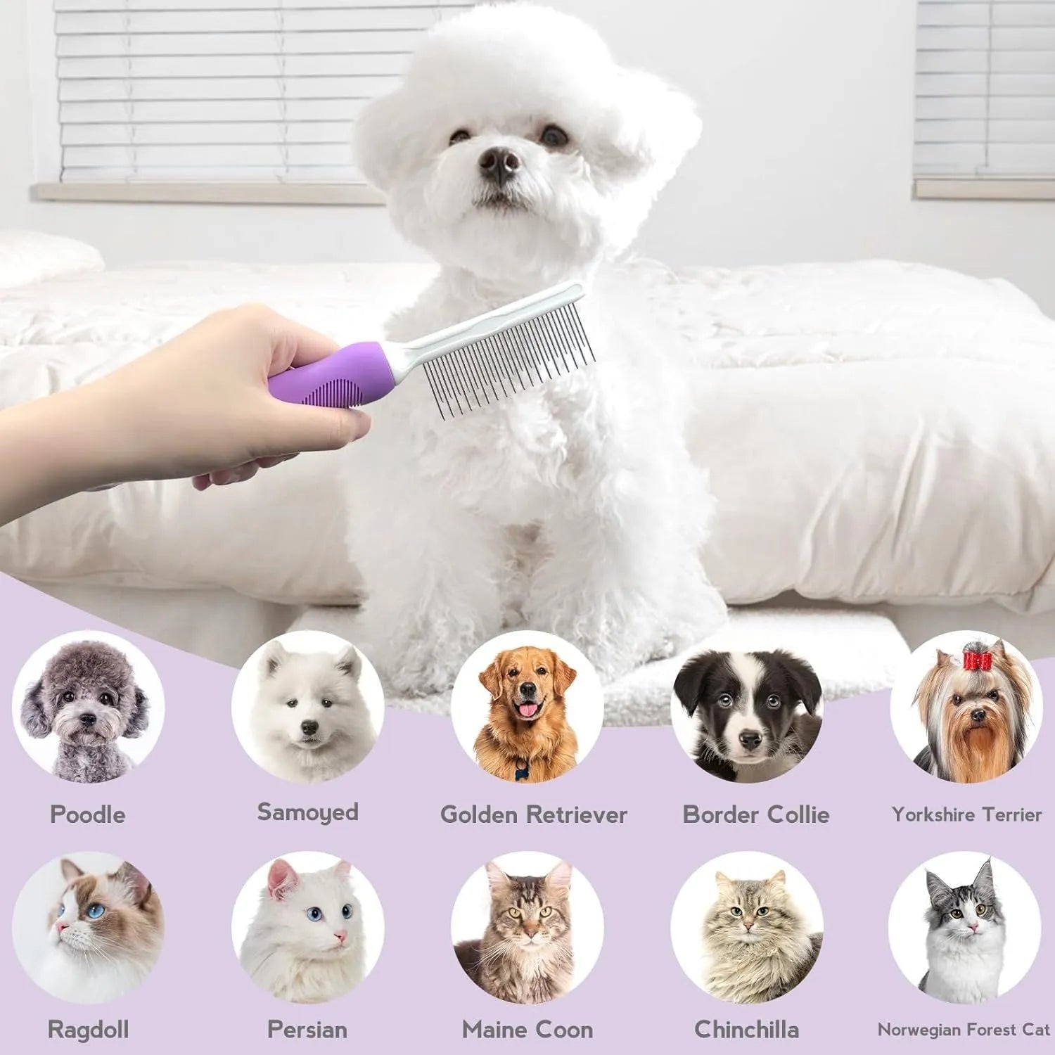 Purple pet grooming comb with stainless steel long and short teeth on an ergonomic handle.