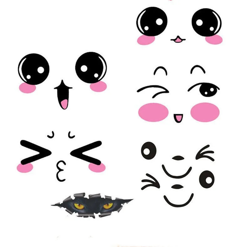 Reflective cartoon eye car stickers on vehicle rearview mirror and body panel