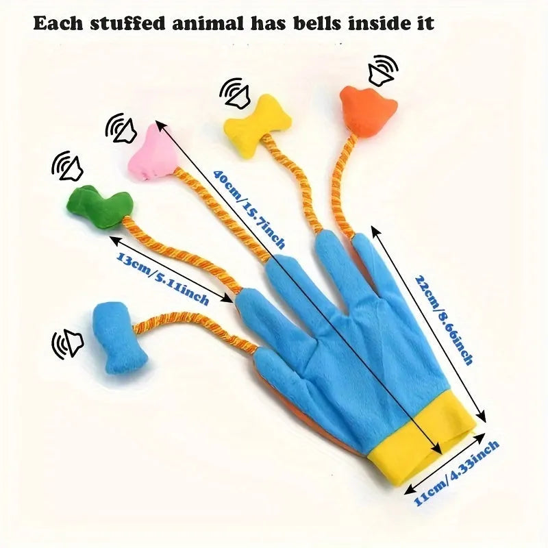 Yellow and blue plush magic glove cat toy with integrated bell for interactive play