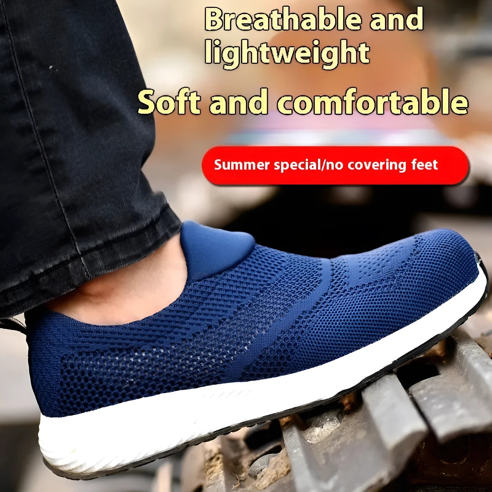 Men's lightweight mesh steel toe safety work shoes in black, shown from the side.