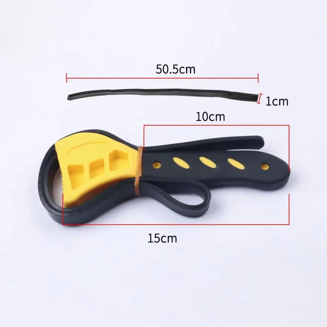 Adjustable rubber strap wrench set with 6-inch and 8-inch sizes on a workbench