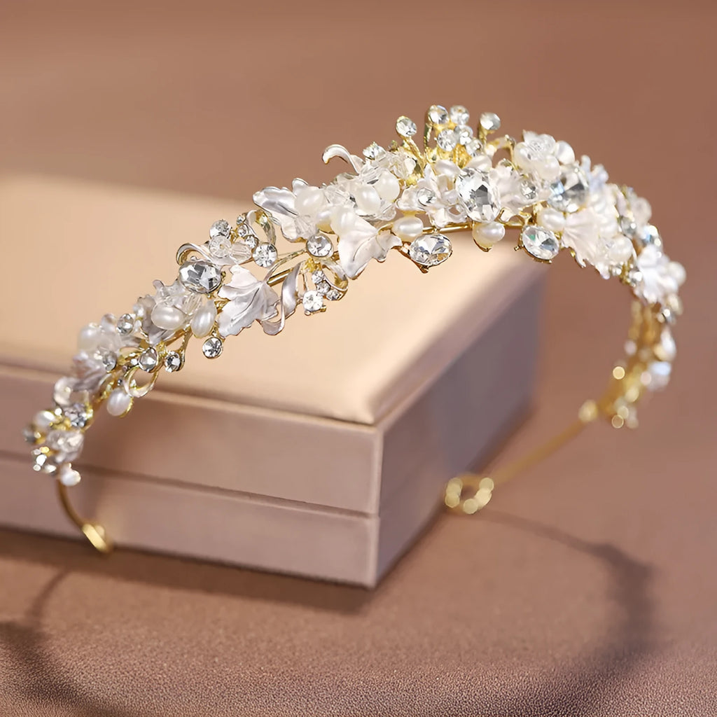 Gold or silver electroplated alloy pearl crown headdress for women's formal events