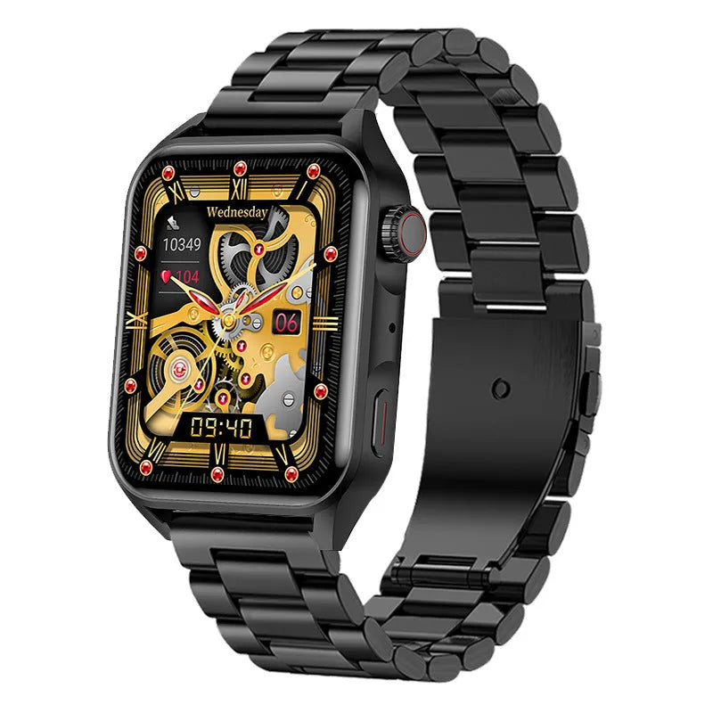 Smart watch with AMOLED display and silicone strap showing multiple watch face designs