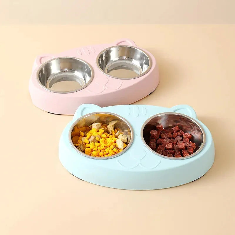 Plastic double bowl pet feeder tray in macaron colours for cat and dog food and water