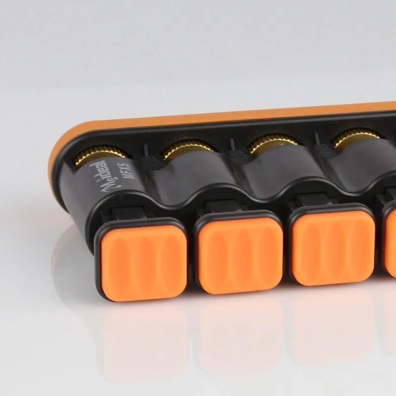 Grey or orange non-slip silicone fingerboard trainer for musician hand strength.