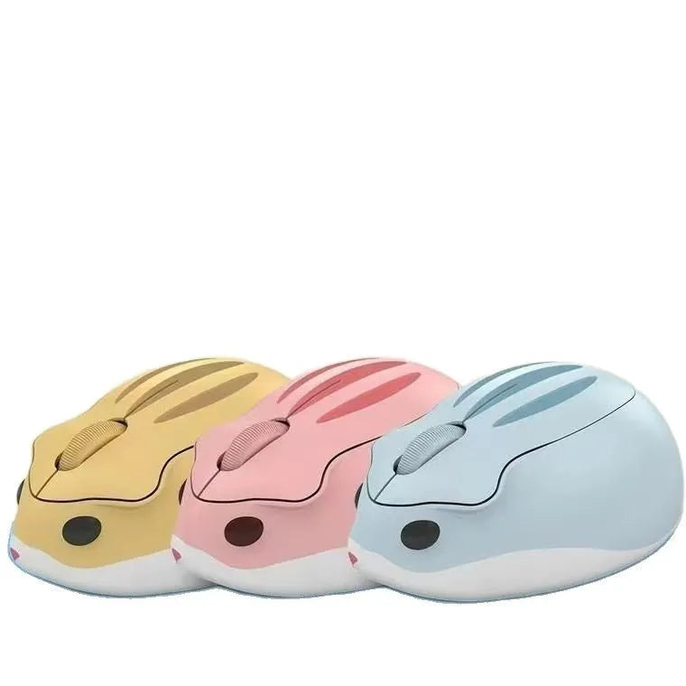 Hamster Wireless Mute Mouse in grey, pink, or yellow colour showing compact design next to USB receiver.
