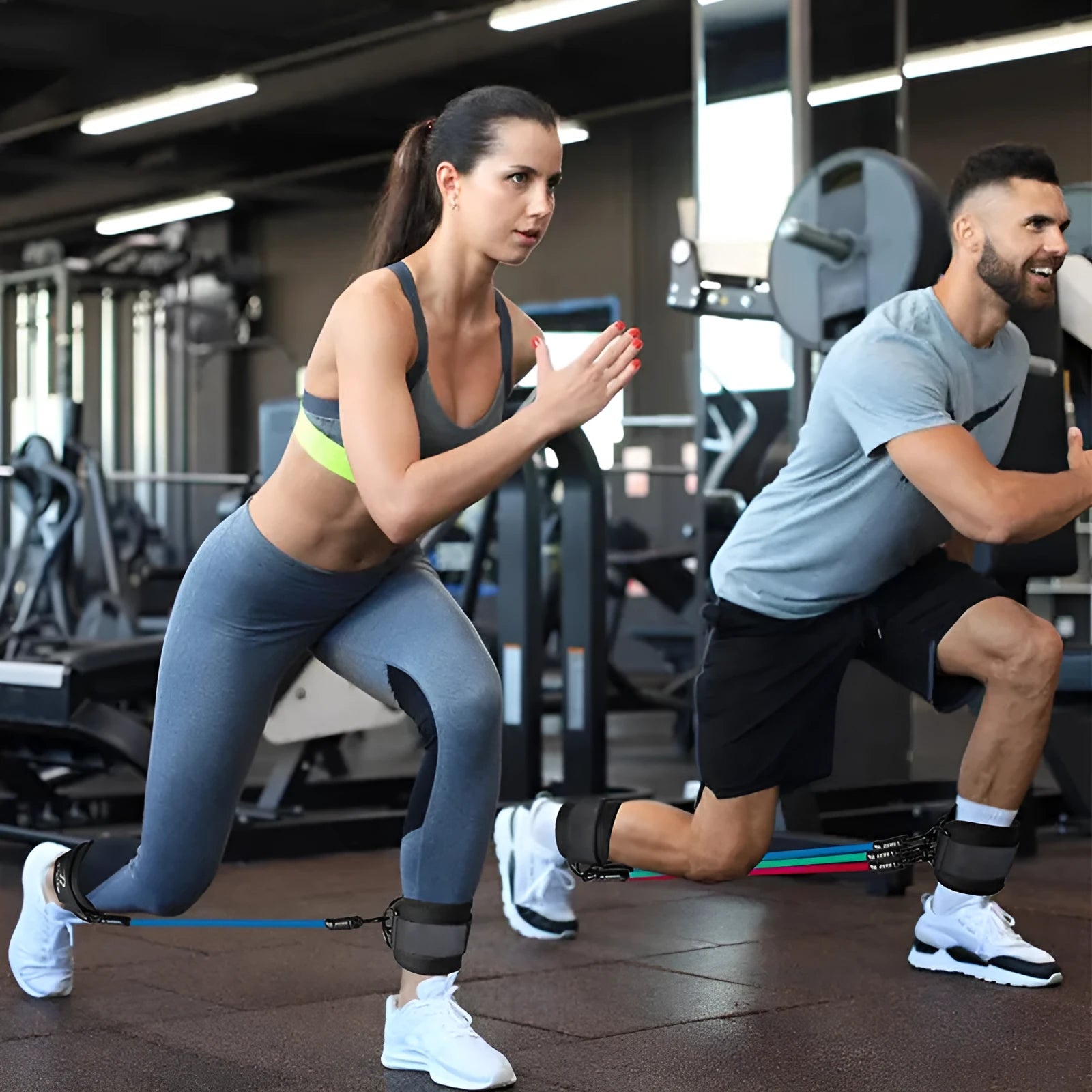 TPE resistance band set with three tension levels and ankle foot loops for leg workouts