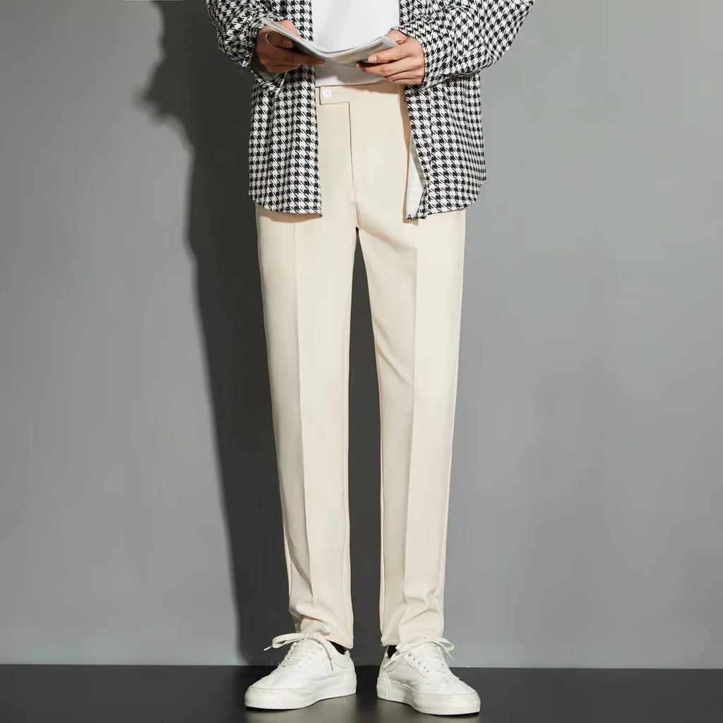 Men's straight-leg ankle-length suit trousers in chemical fibre blend fabric shown in multiple colour options