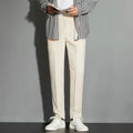 Men's straight-leg ankle-length suit trousers in chemical fibre blend fabric shown in multiple colour options