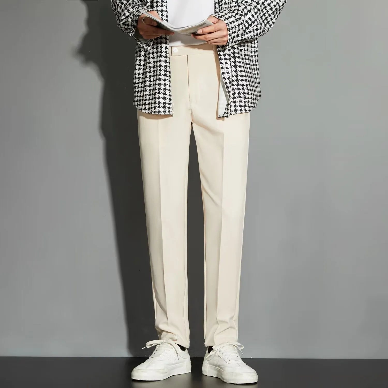 Men's straight-leg ankle-length suit trousers in chemical fibre blend fabric shown in multiple colour options