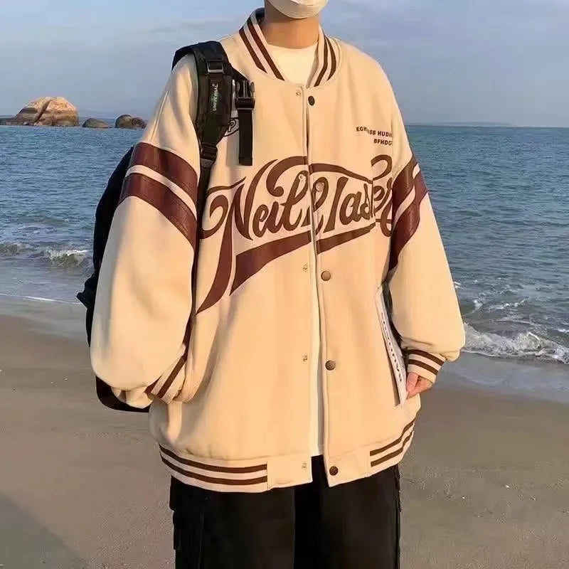 Unisex loose-fit baseball jacket with stand-up collar in colour-block design, 95% polyester, available in black khaki lake blue