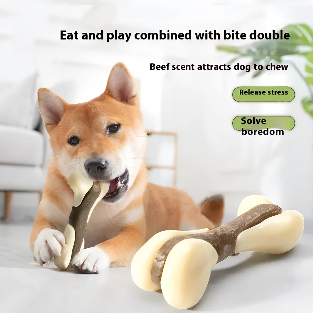 Bone-shaped dog chew toy in edible nylon and rawhide materials, available in small and large sizes