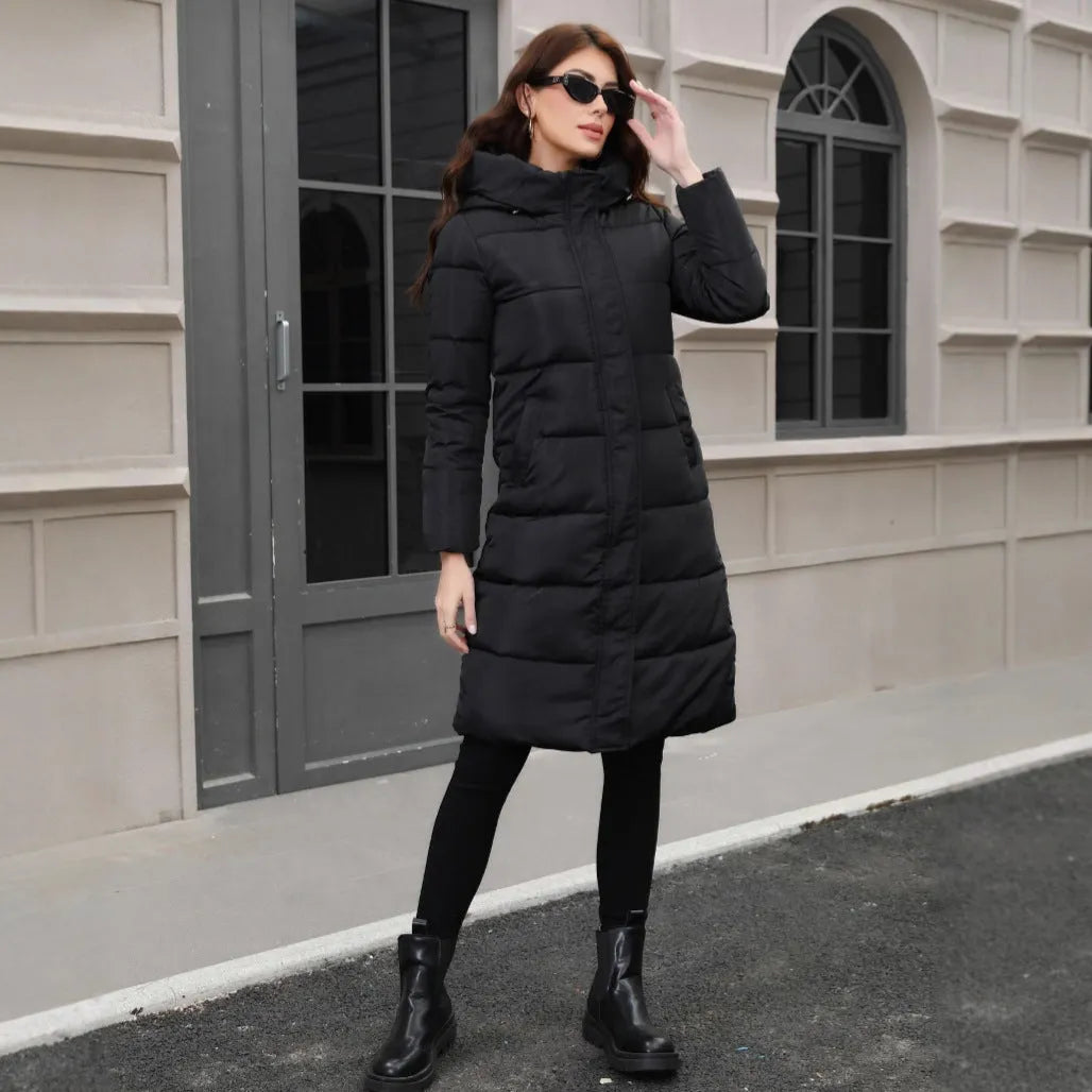 Black slim fit hooded winter jacket with thick polyester cold-resistant construction