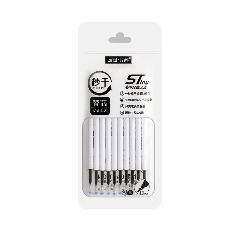 Quick-drying ballpoint pen refill multipack in black, red, blue, and ink blue colours