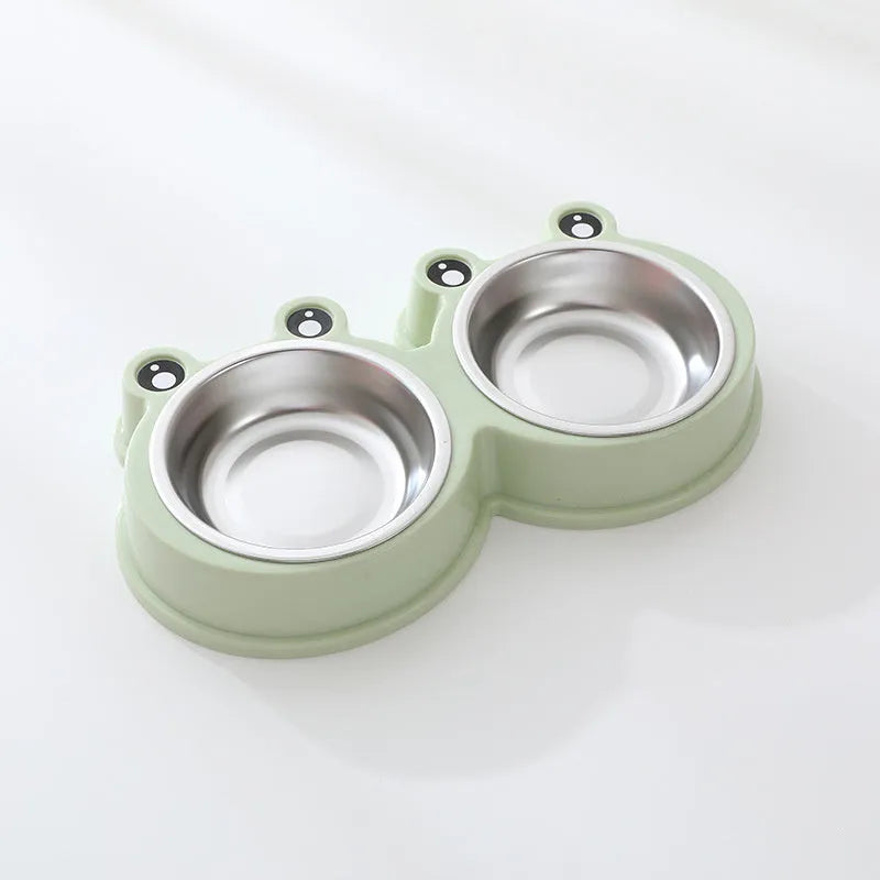 Stainless steel pet bowl with double compartments and frog pattern design for dogs and cats