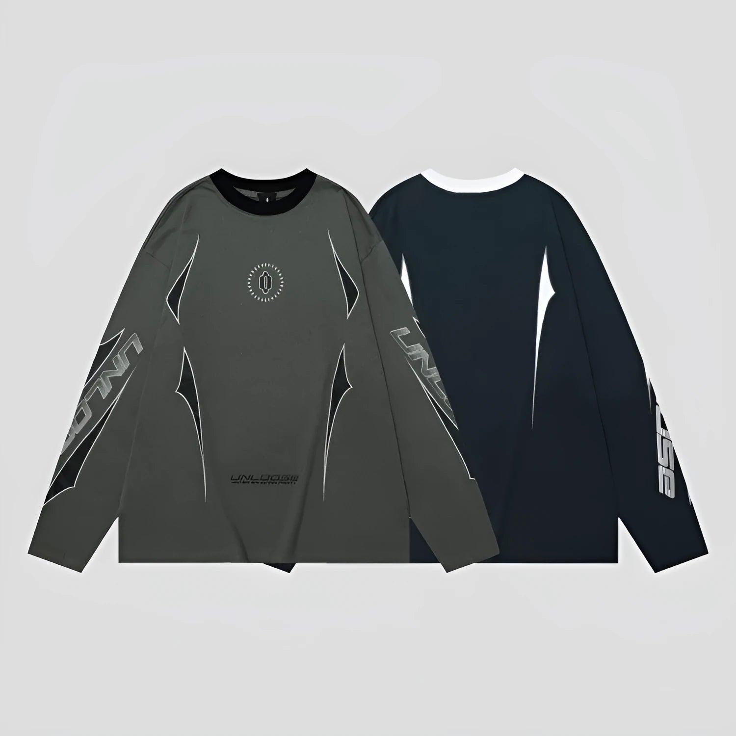 Grey cotton drop shoulder sweatshirt with letter print and long sleeves on a hanger.