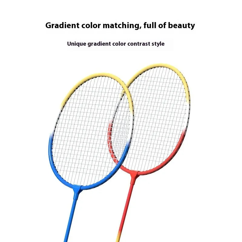 A pair of blue and red ultra-light alloy split badminton rackets laid out side by side.