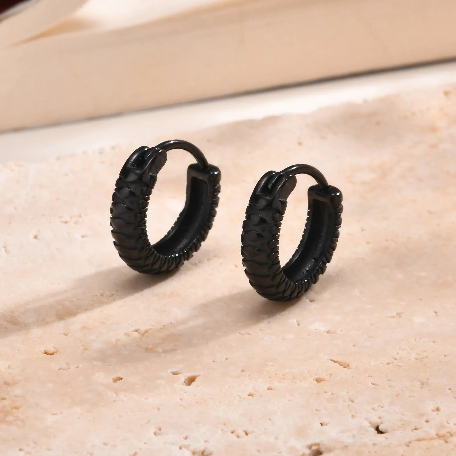 Stainless steel snake pattern earrings in black or gold minimalist hip hop jewellery