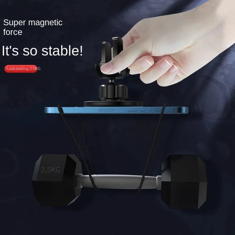 Black aluminium alloy magnetic car air vent phone holder mounted on vehicle dashboard