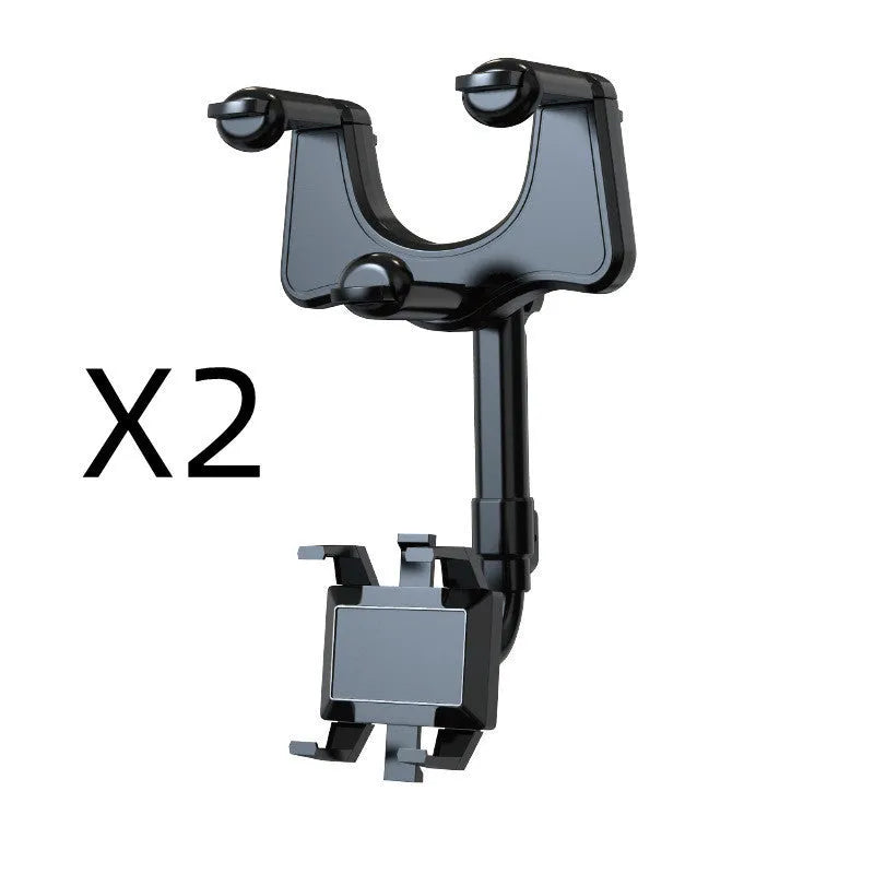 Black rearview mirror car phone holder with 360-degree rotation and retractable arm