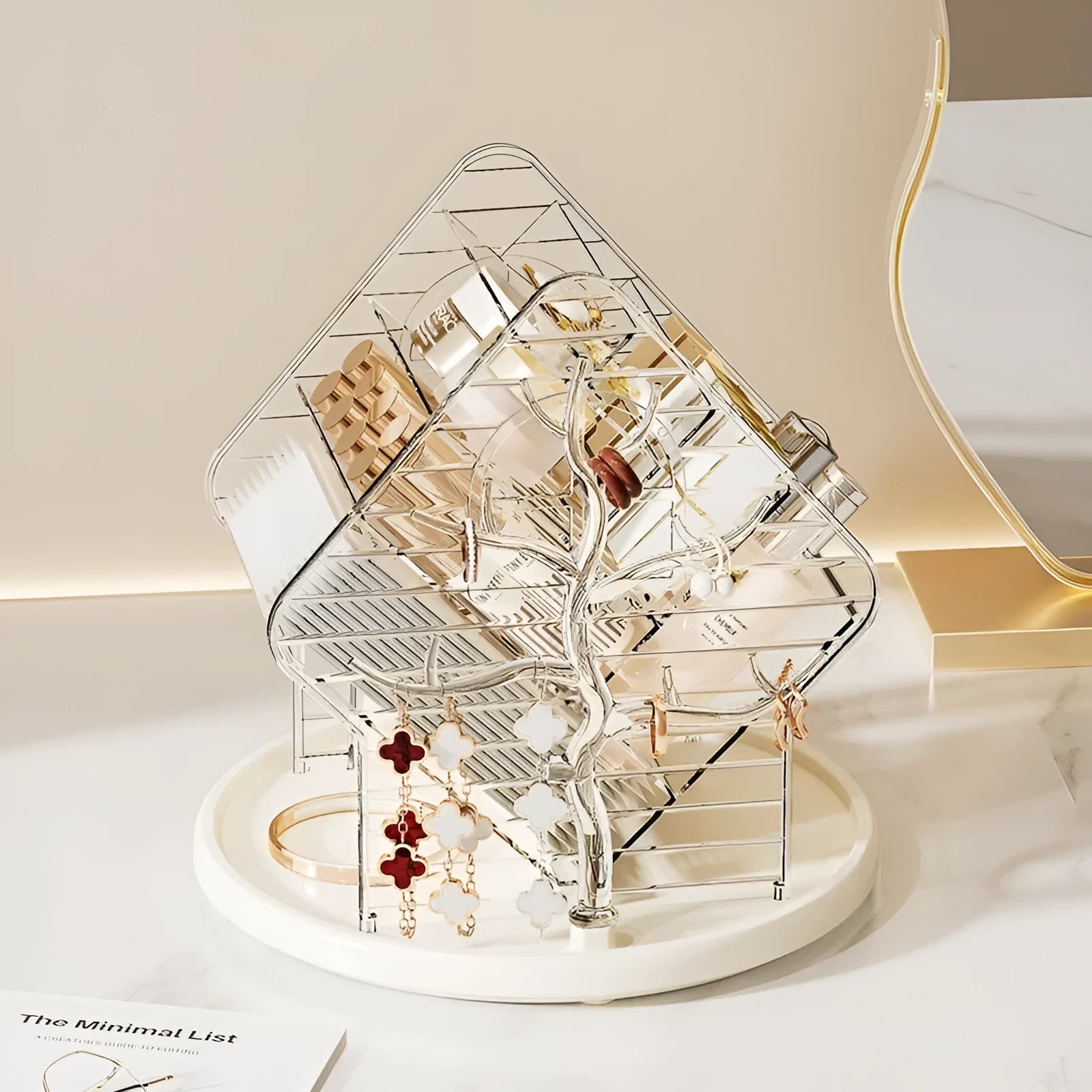 Rotating cosmetics storage box in amber gold colour showing 360-degree rotation mechanism