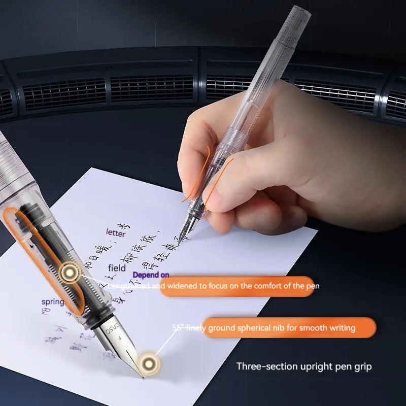 Student automatic suction fountain pen set with ink feeder and carry case, showing 0.5mm and 0.38mm nib options
