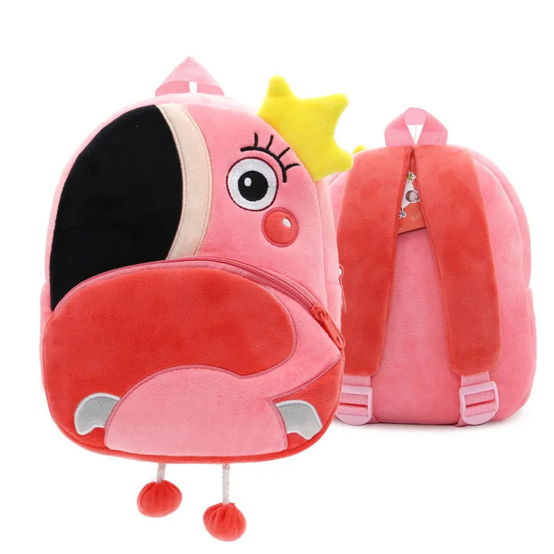 Soft plush children's animal backpack in elephant design with zipper opening, shown with 20L capacity and dimensions 26x24x10cm.