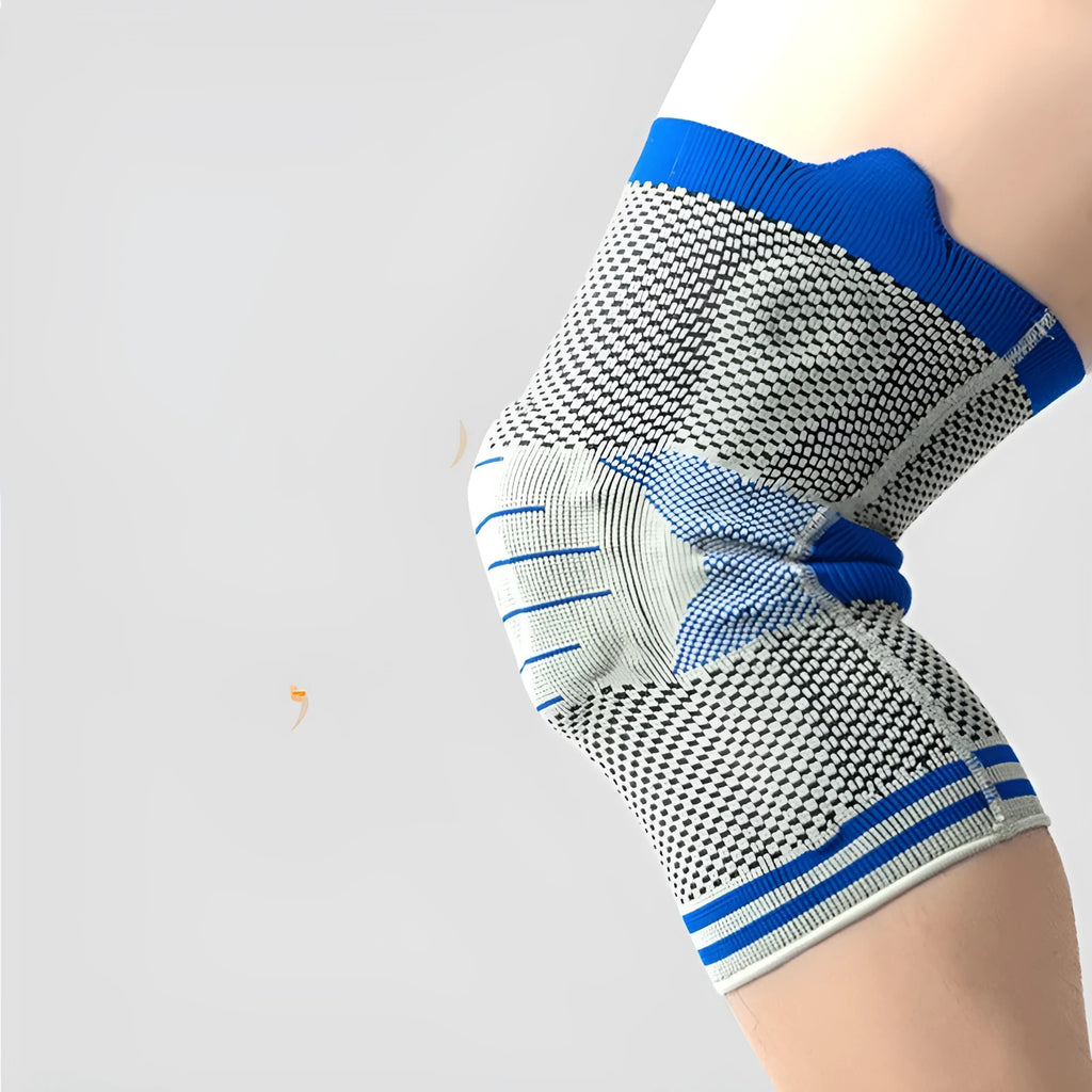 A cotton knee pad with a silicone shock absorber, shown in a grey and blue colour combination.