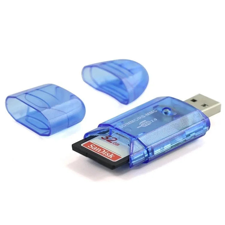 Transparent USB card reader with LED light showing internal components and memory card slots