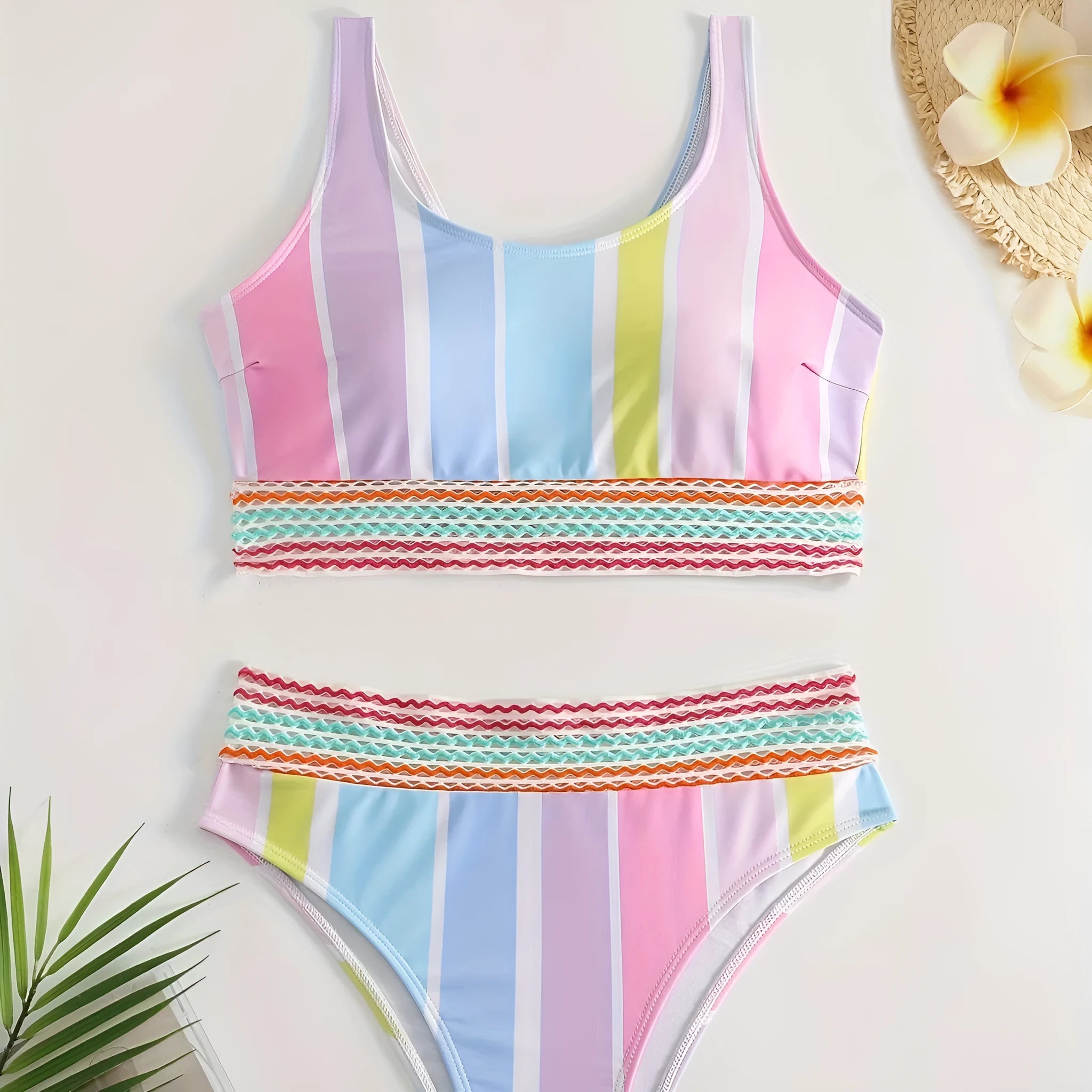 Women's striped sports bikini set with briefs bottom, shown in picture colour.