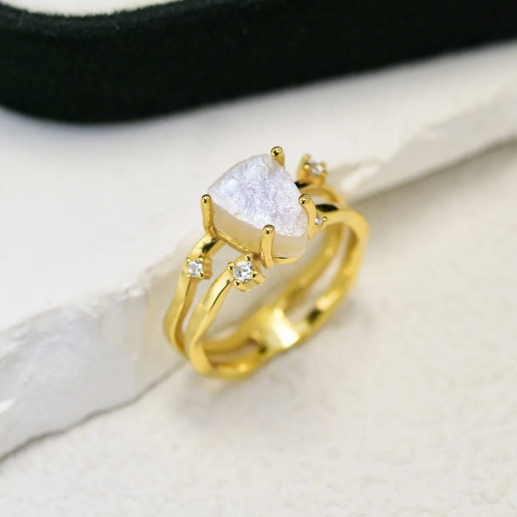 S925 sterling silver irregular triangle moonstone ring in gold colour finish