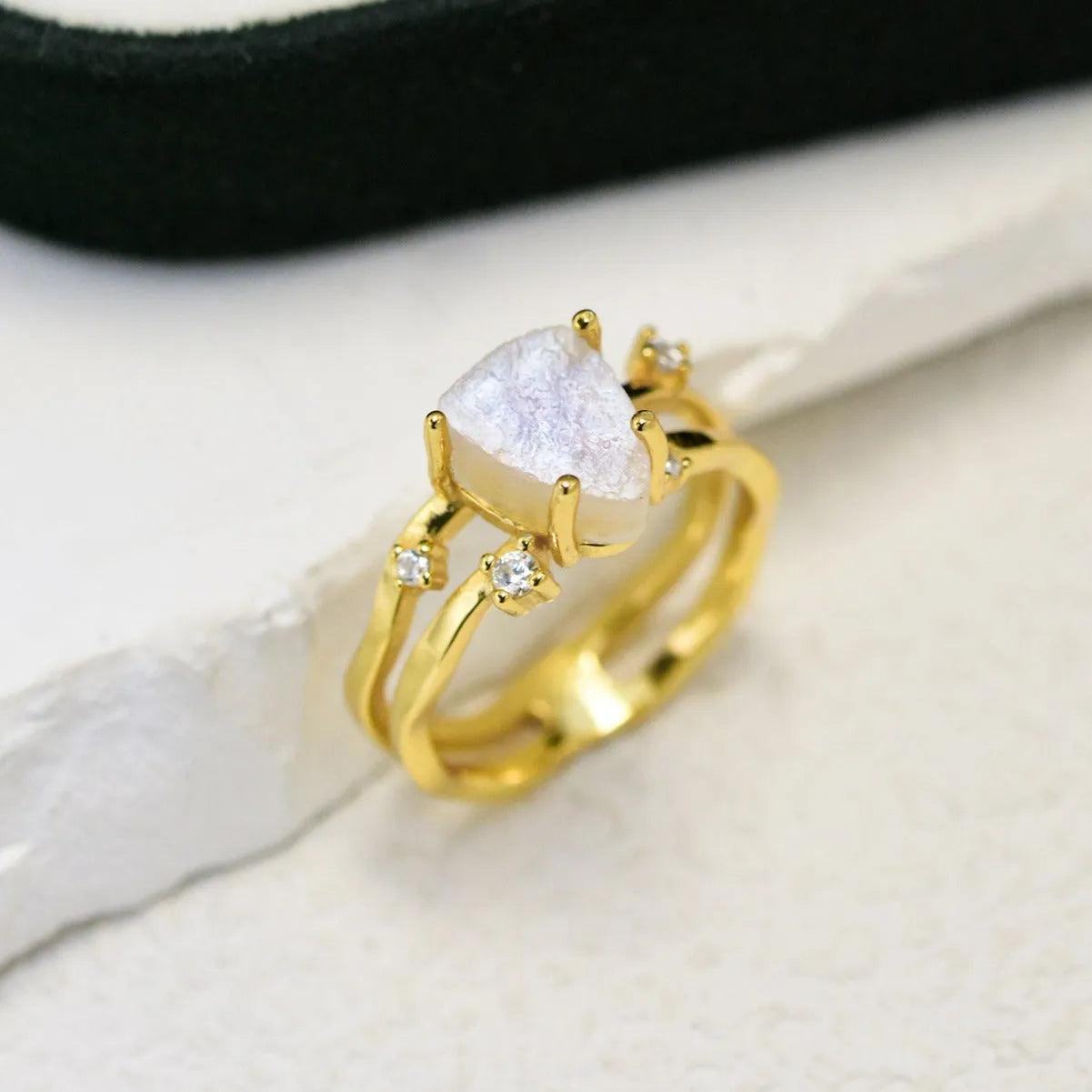 S925 sterling silver irregular triangle moonstone ring in gold colour finish