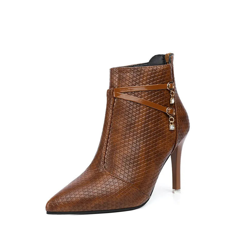 Women's black pointed toe high heel stiletto boots with over 8CM heel in artificial PU