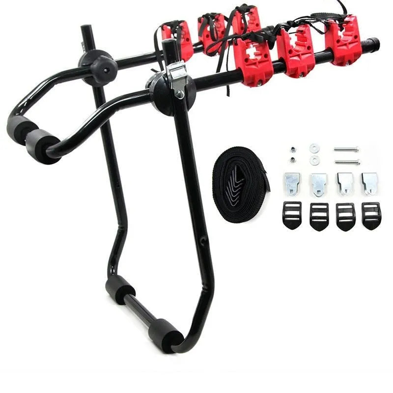Black and red boot-mounted car bike rack with iron frame measuring 73x50cm