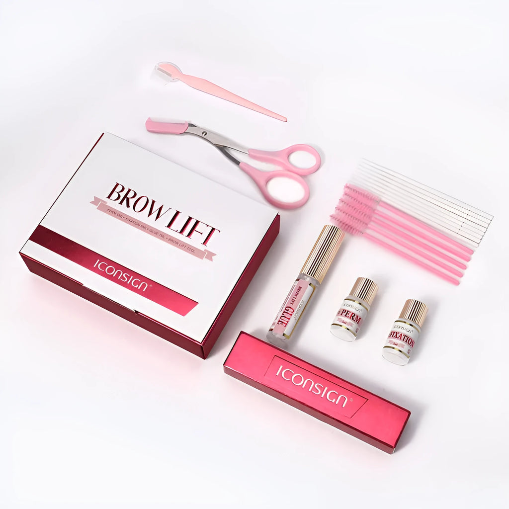 Pink eyebrow quick ironing kit with perm solution and application tools for at-home eyebrow styling