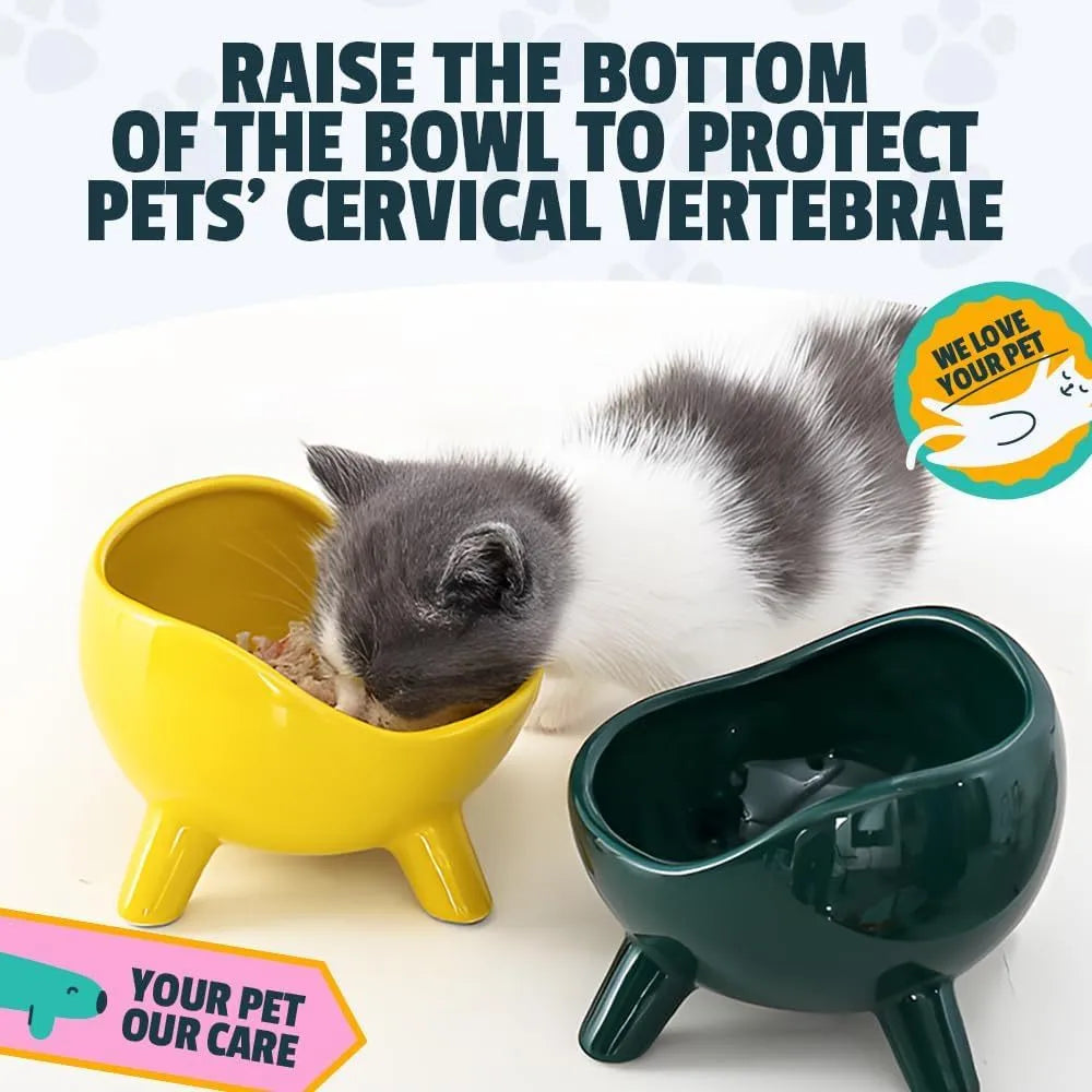Ceramic pet bowl with four legs, wide mouth, and rounded arc design in green colour