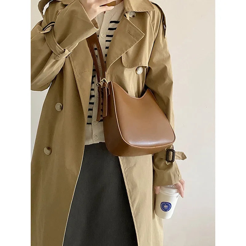 French Niche one shoulder saddle bag in coffee colour, soft PU, adjustable strap, crossbody design