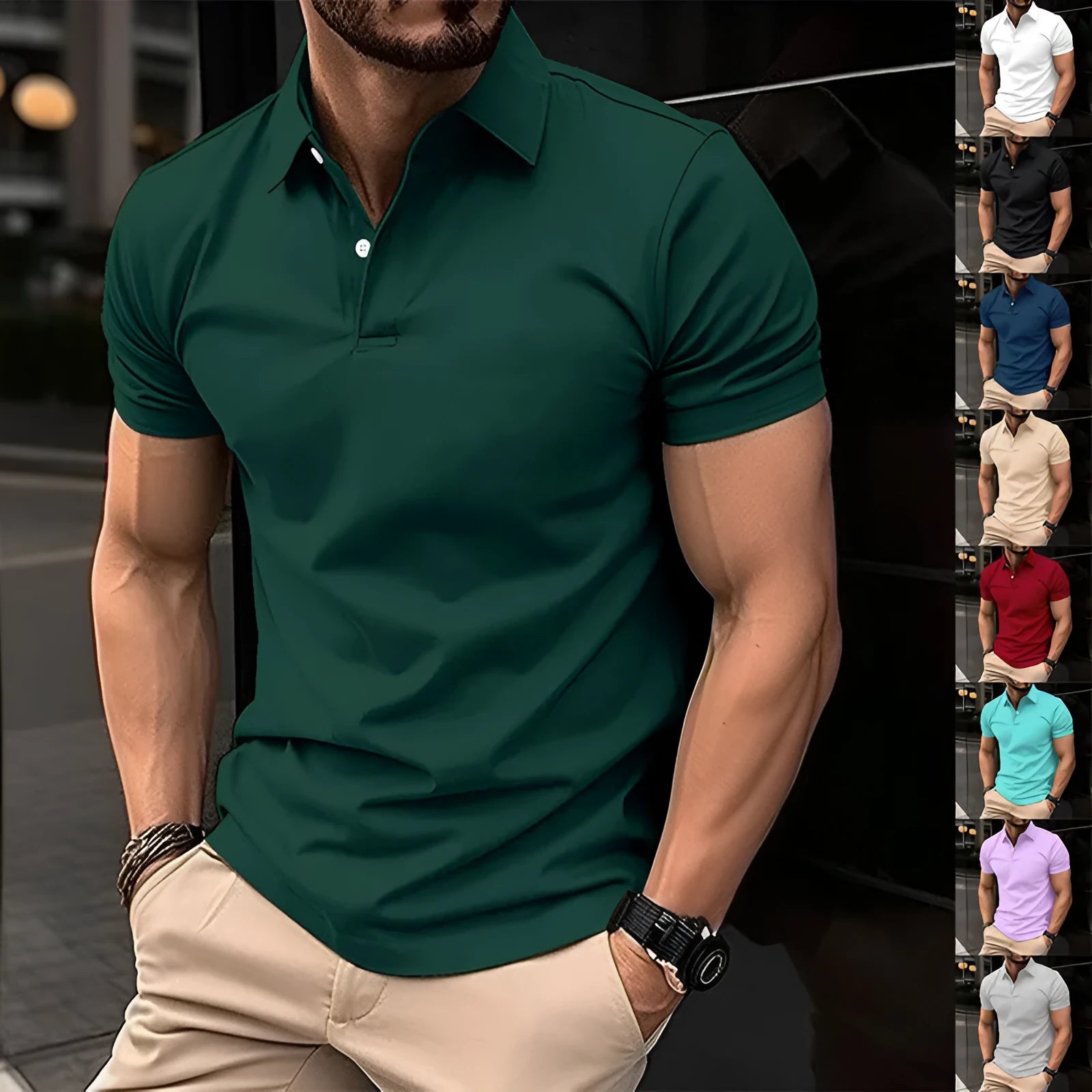 Men's solid colour summer polo shirt with short sleeves and button lapel in cotton mix fabric